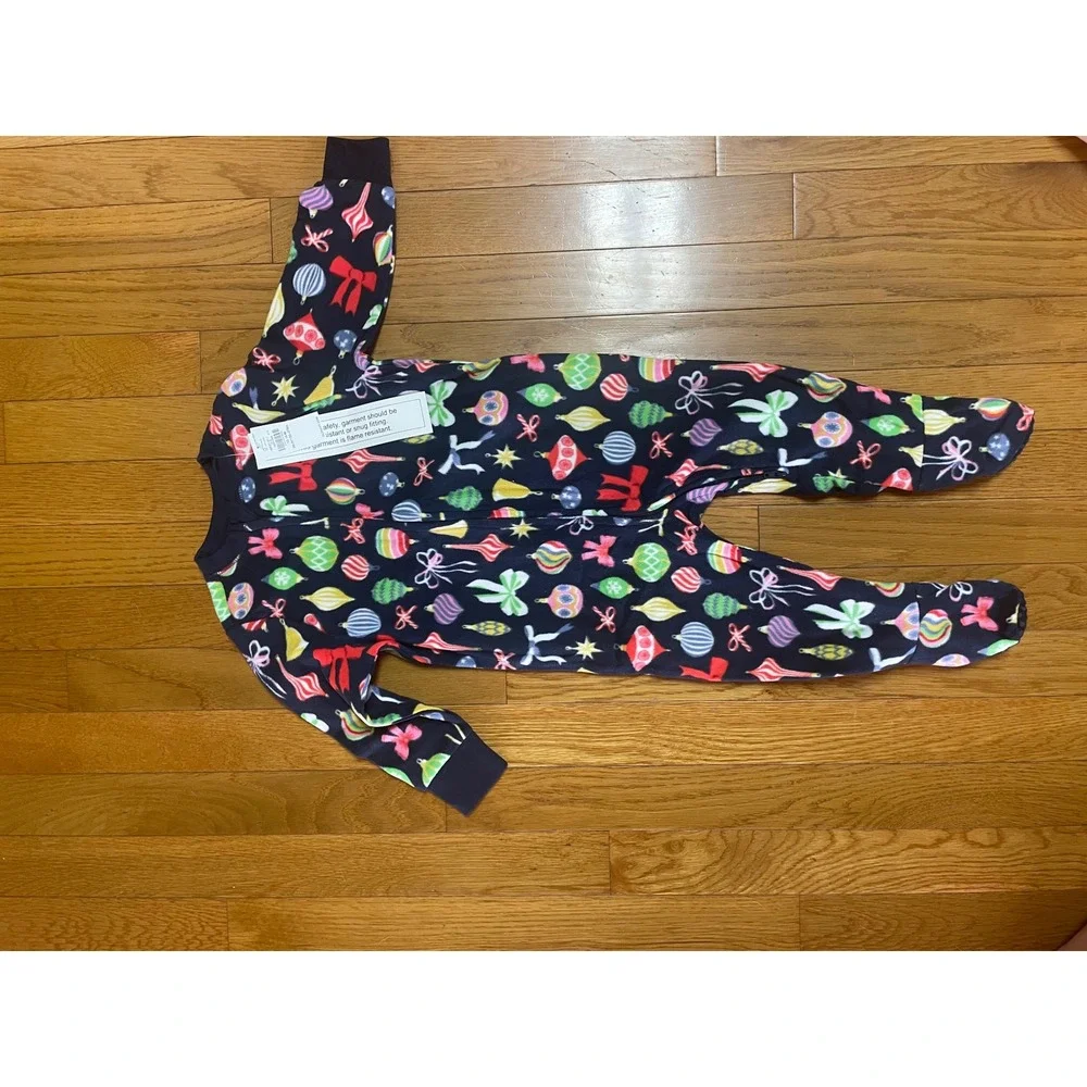 Old Navy Navy Blue Holiday Ornament Fleece Footed Pajamas2-way zip 12-18M‎ NWT